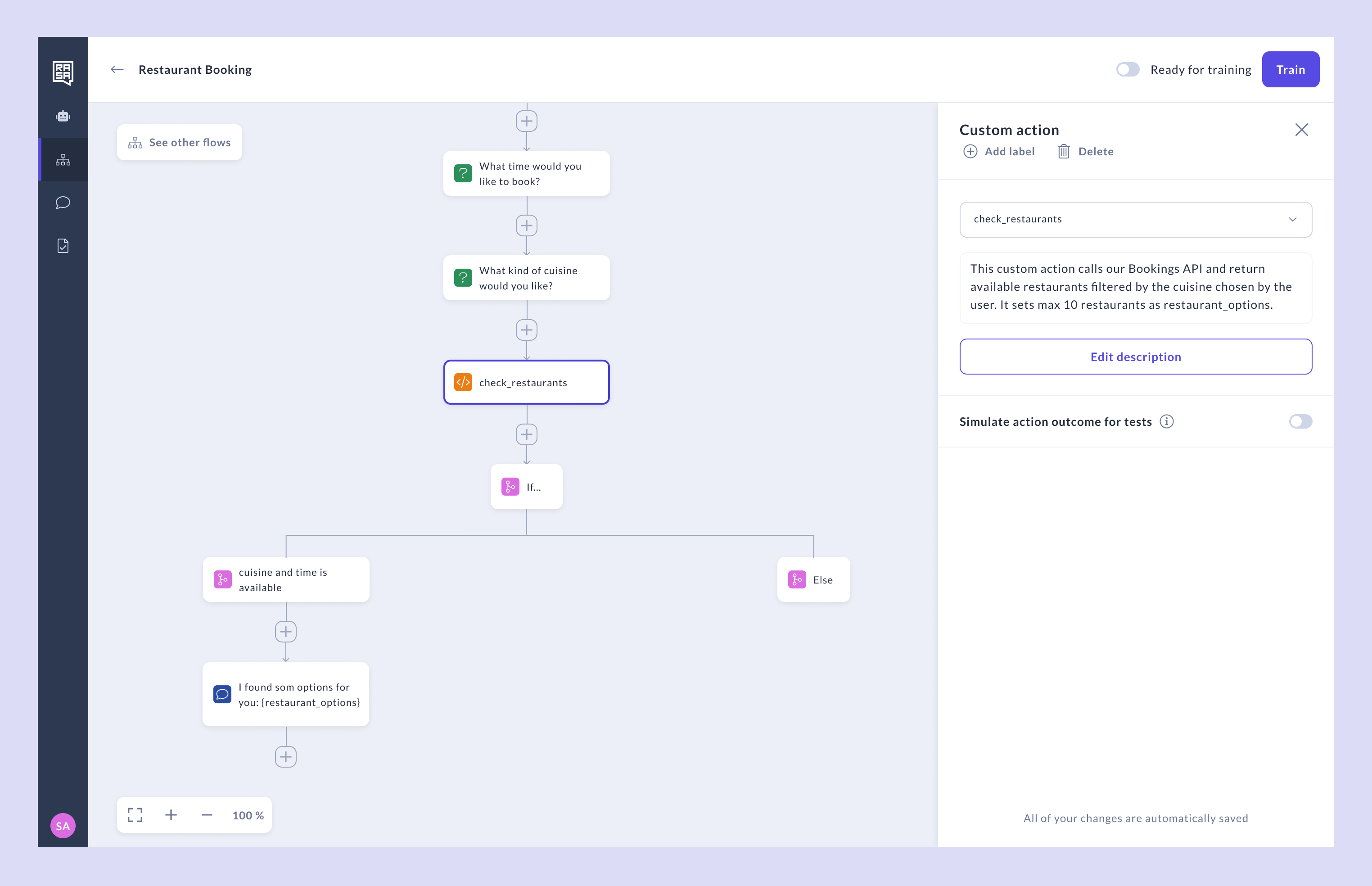 Action that checks restaurant availability in flow builder