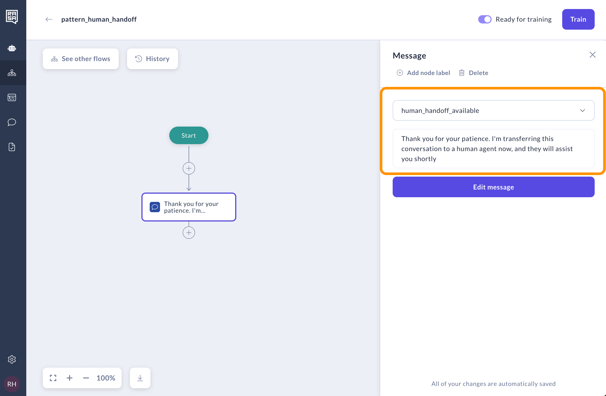 Completed message step for system flow in Studio