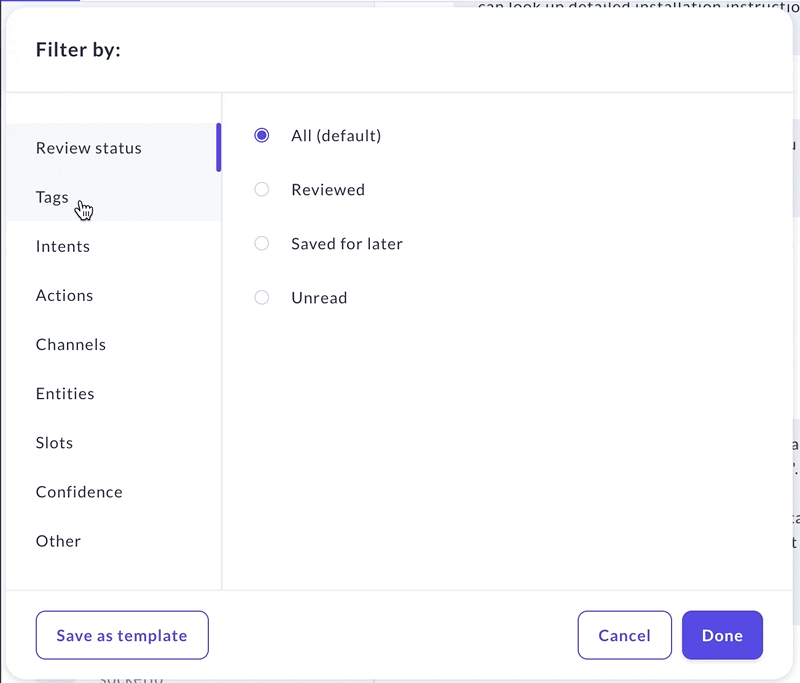 Saving filters as templates