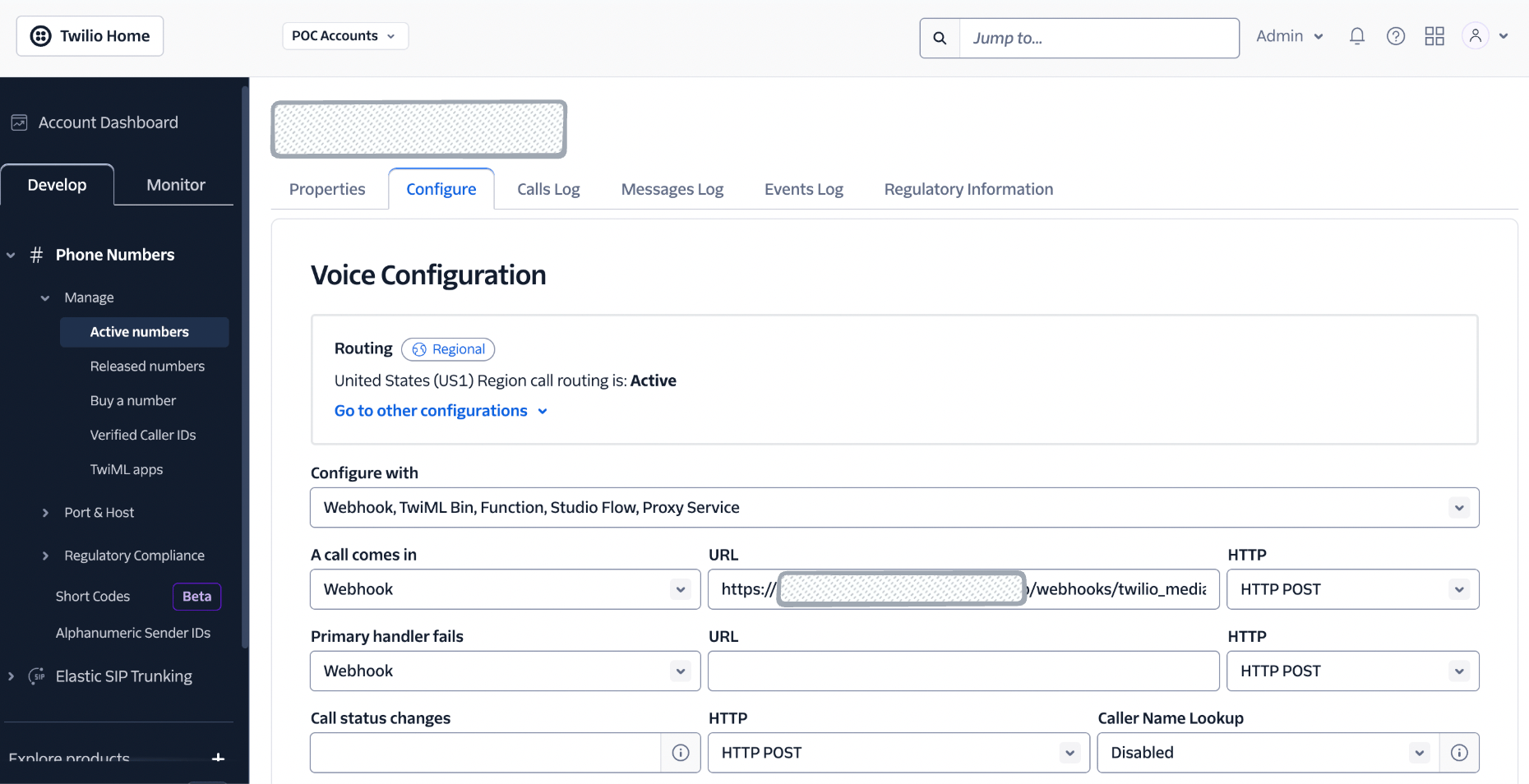 Screenshot of Twilio Console to Set Webhook