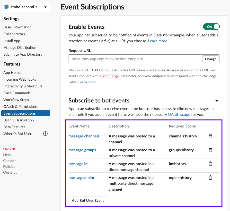 Subscribe to Bot Events Screenshot